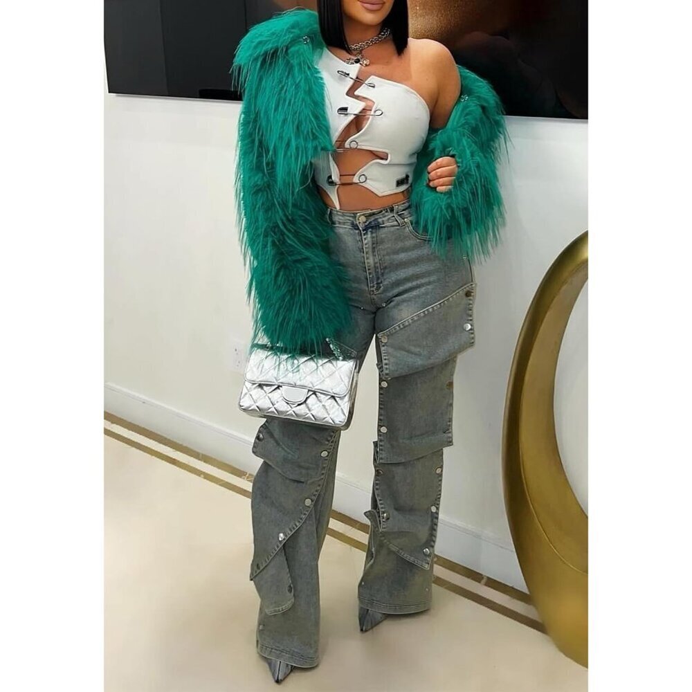 Women Cargo Jeans High Waisted Straight Wide Leg Denim Pants Casual Trendy - Picture 3 of 5